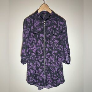 Rock & Republic Blouse Top Purple Black Floral Full Zip Size Medium